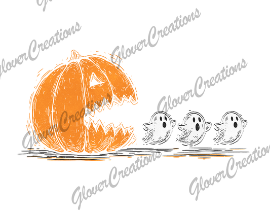 Pac Man Pumpkin Ghost Direct to Film Ready to Press Heat Transfers