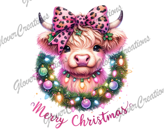 Pink Christmas Cow Direct to Film Ready to Press Heat Transfers