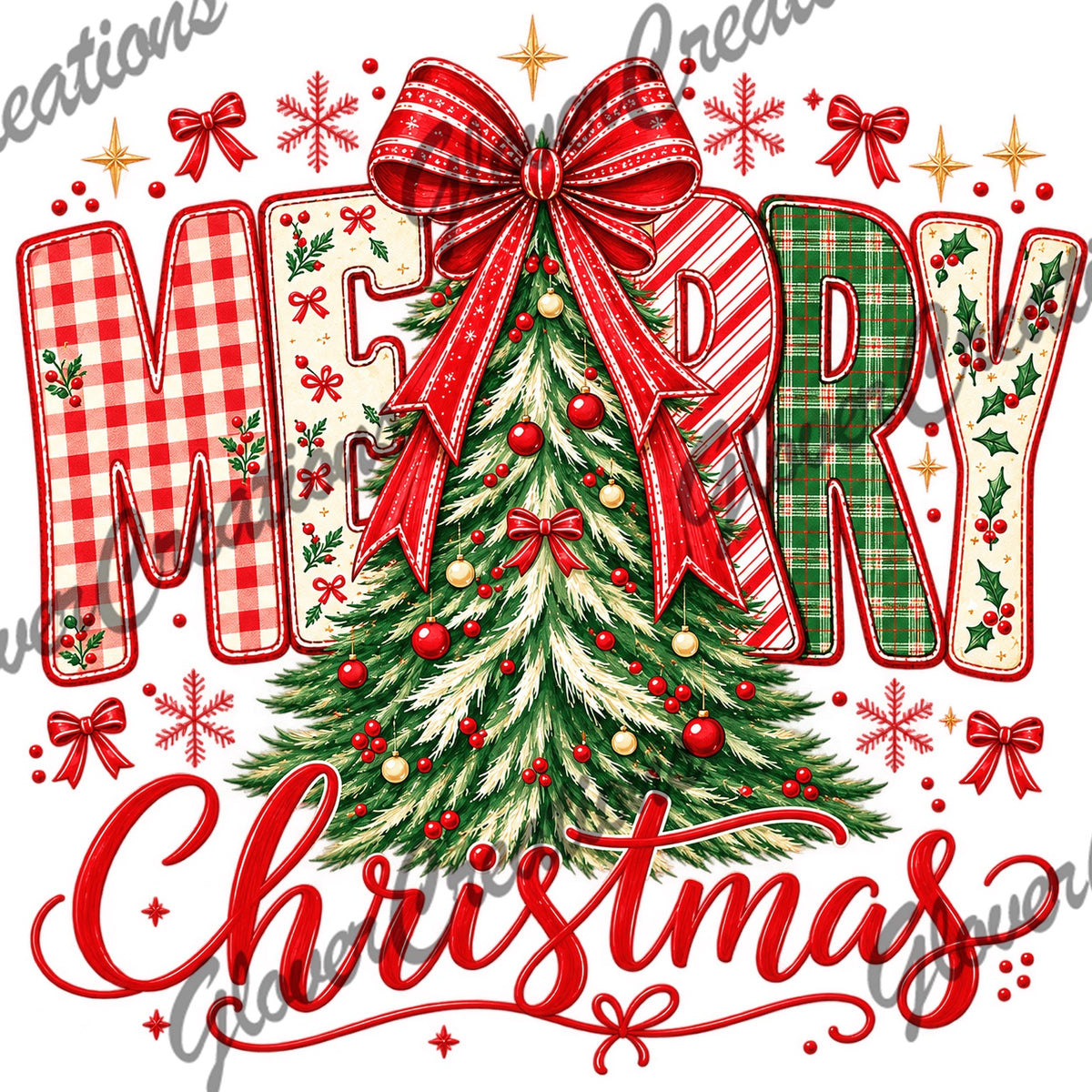 Merry Christmas Tree with Red Bow & Patterned Letters Direct to Film Ready to Press Heat Transfers