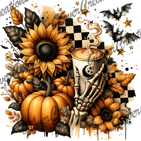 Sunflower Skeleton Coffee Direct to Film Ready to Press Heat Transfers