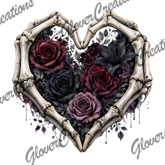 Skeleton Hand Heart With Gothic Roses Direct To Film Ready To Press Heat Transfers