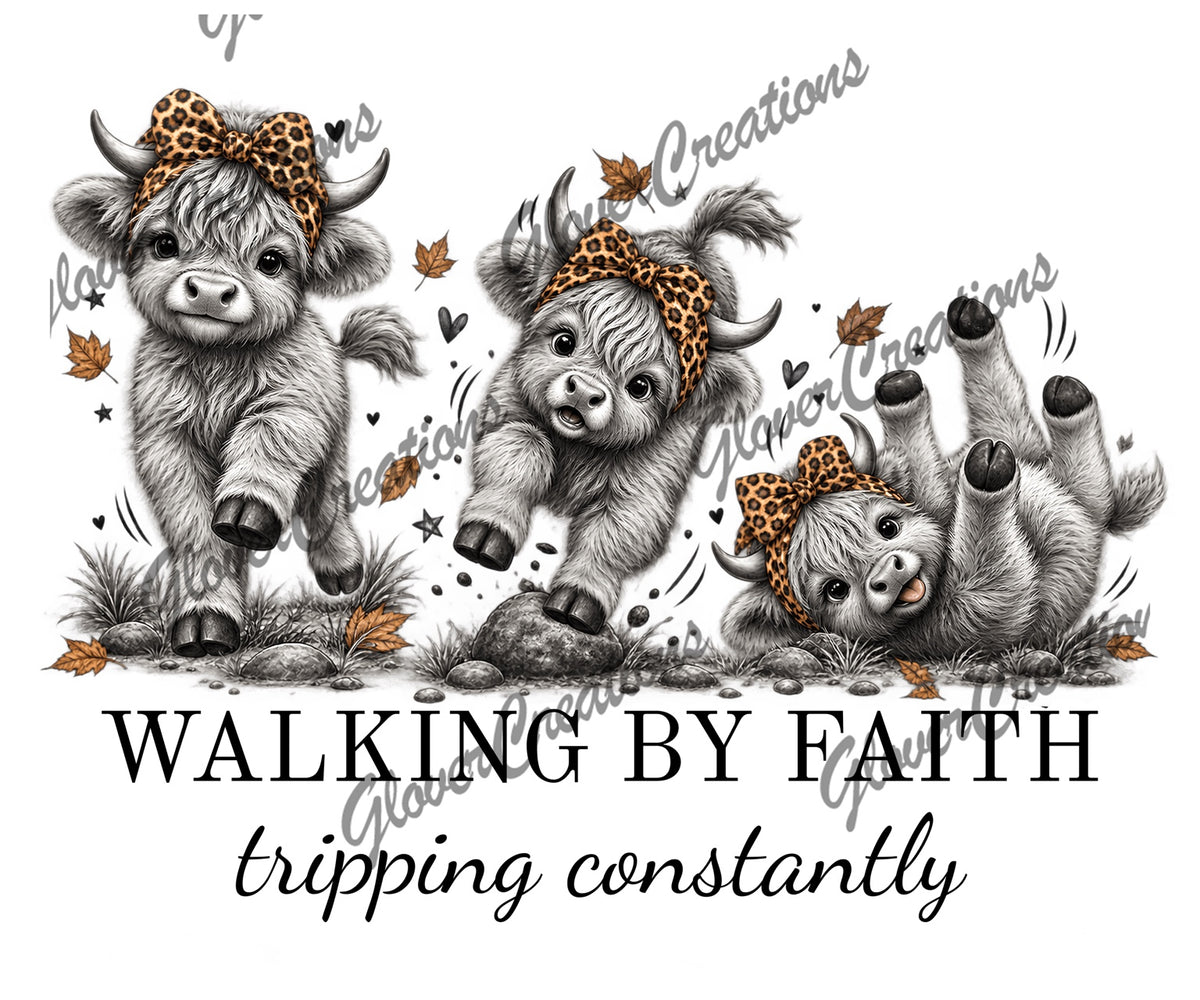 Walking by Faith Tripping Constantly Highland Cows Direct to Film Ready to Press Heat Transfers