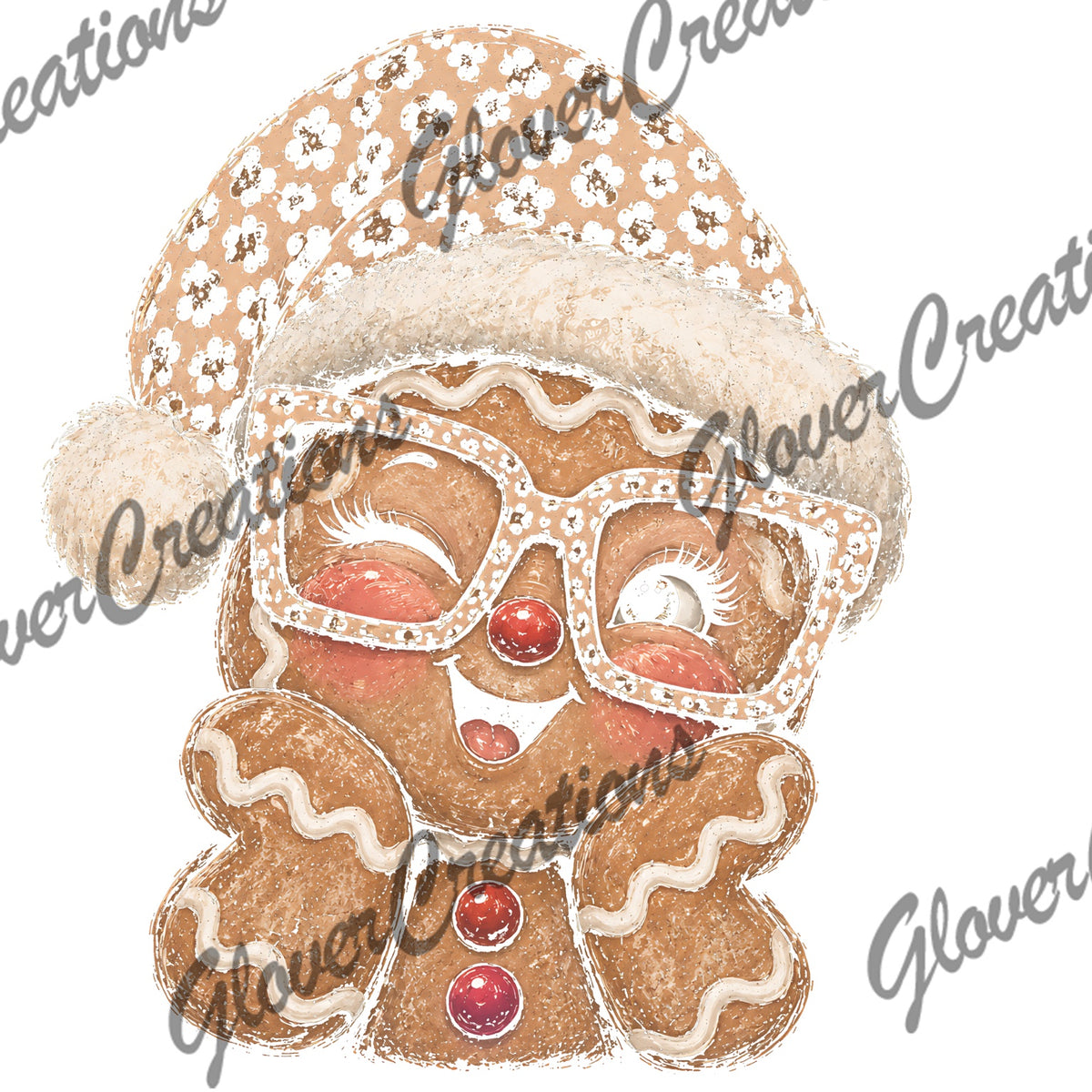 Winking Gingerbread with Floral Santa Hat and Glasses Direct to Film Ready to Press Heat Transfers