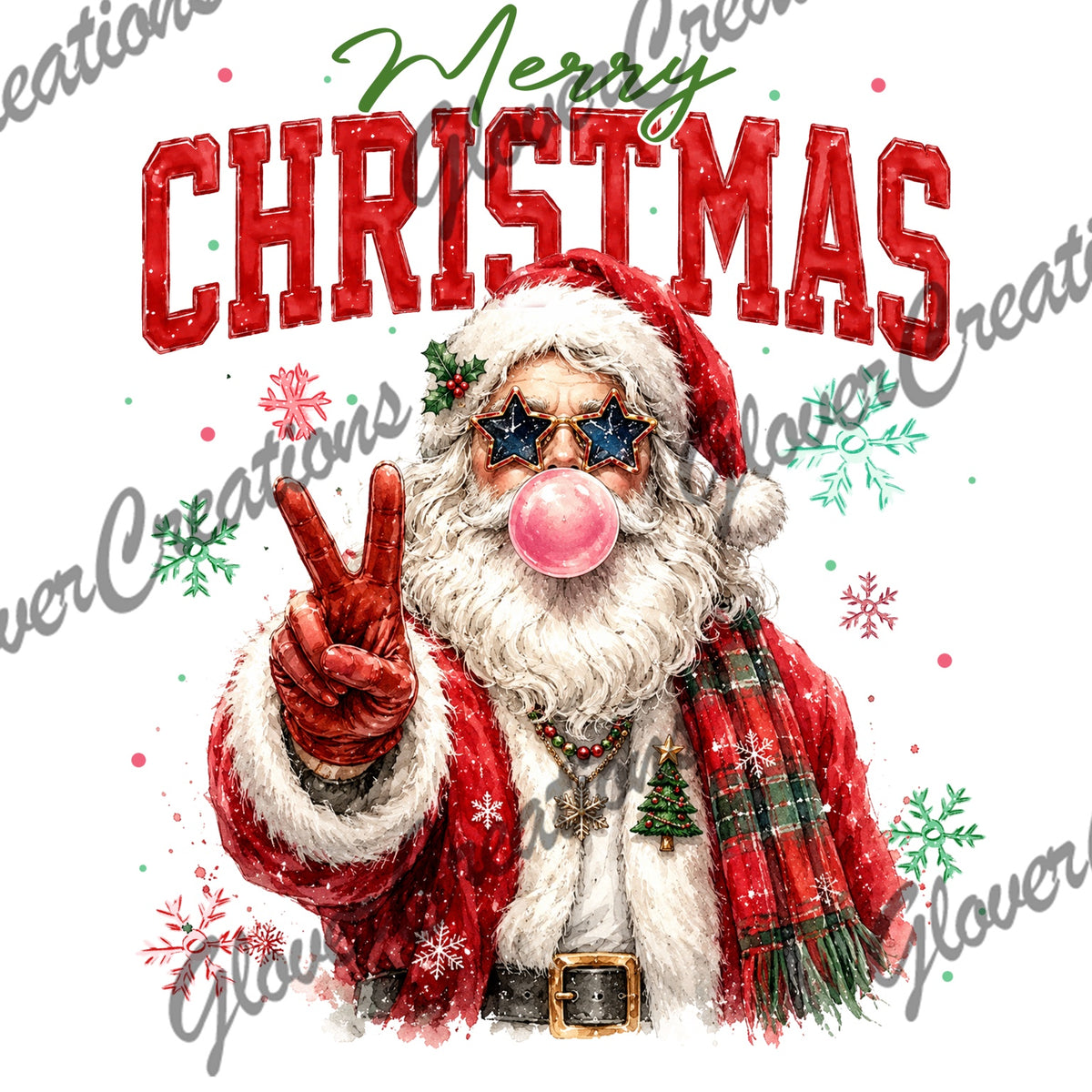 Merry Christmas Bubblegum Santa with Star Sunglasses Direct to Film Ready to Press Heat Transfers