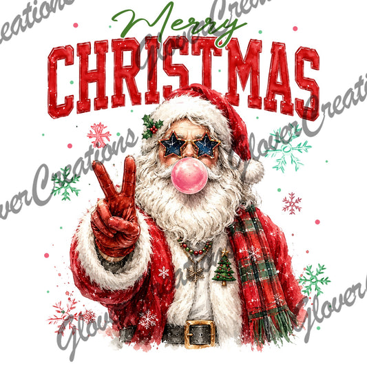 Merry Christmas Bubblegum Santa with Star Sunglasses Direct to Film Ready to Press Heat Transfers