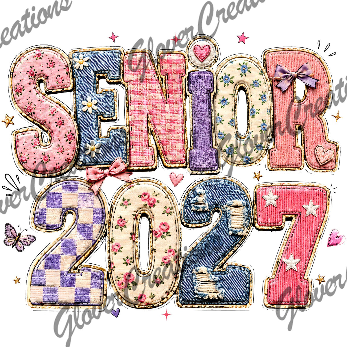 Senior 2027 Floral Denim Patchwork Direct To Film Ready To Press Heat Transfers
