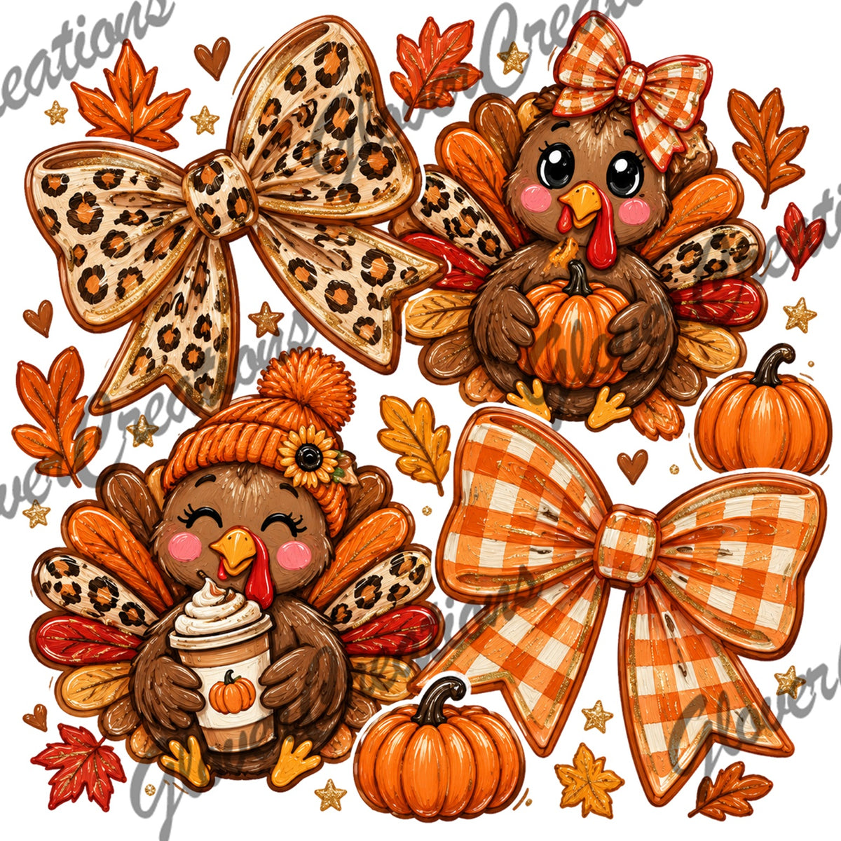 Fall Turkeys with Pumpkins, Coffee & Bows Direct to Film Ready to Press Heat Transfers