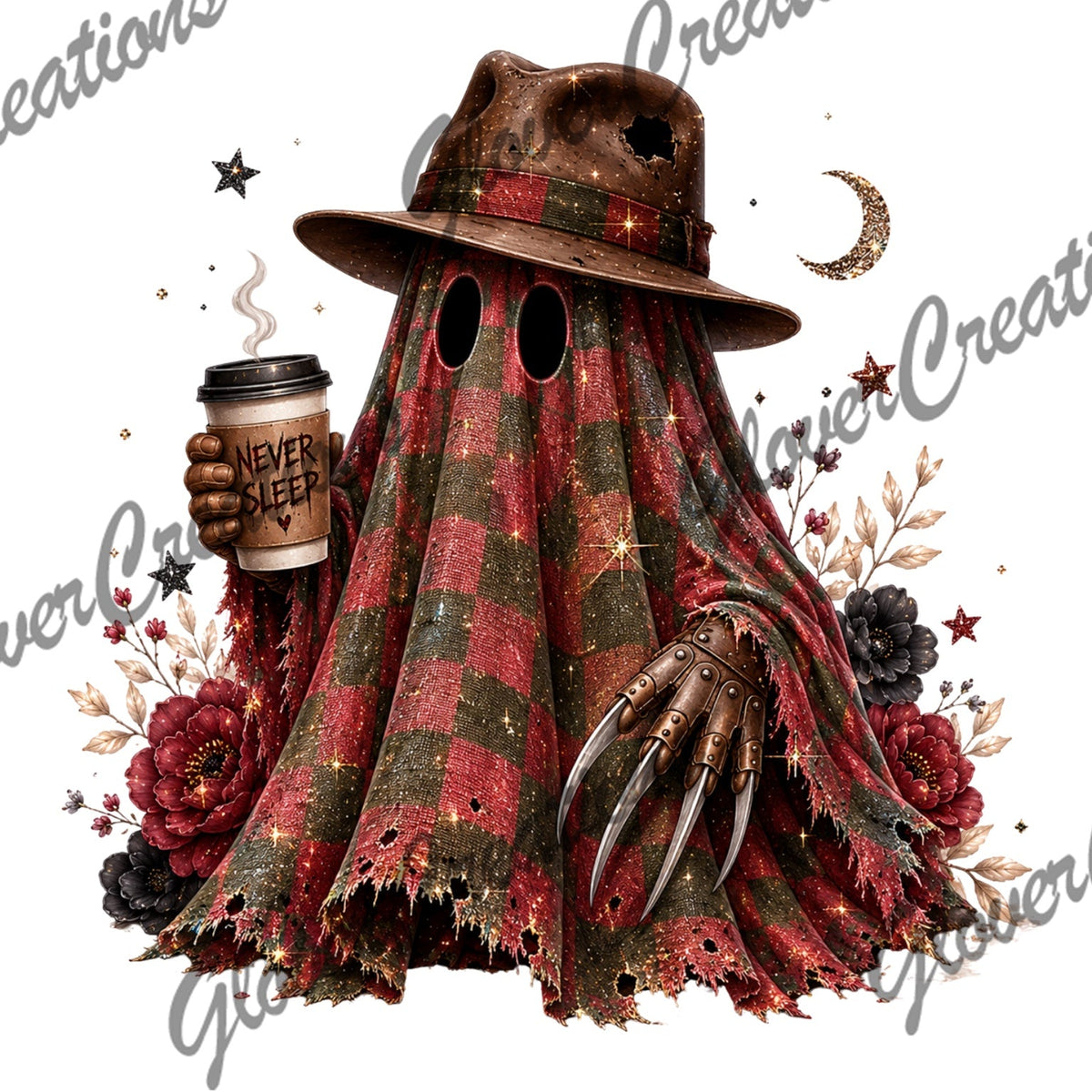 Never Sleep plaid horror ghost DTF transfer