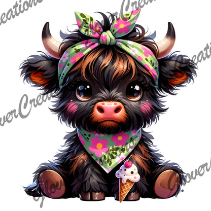 Cute highland cow ice cream DTF heat transfer