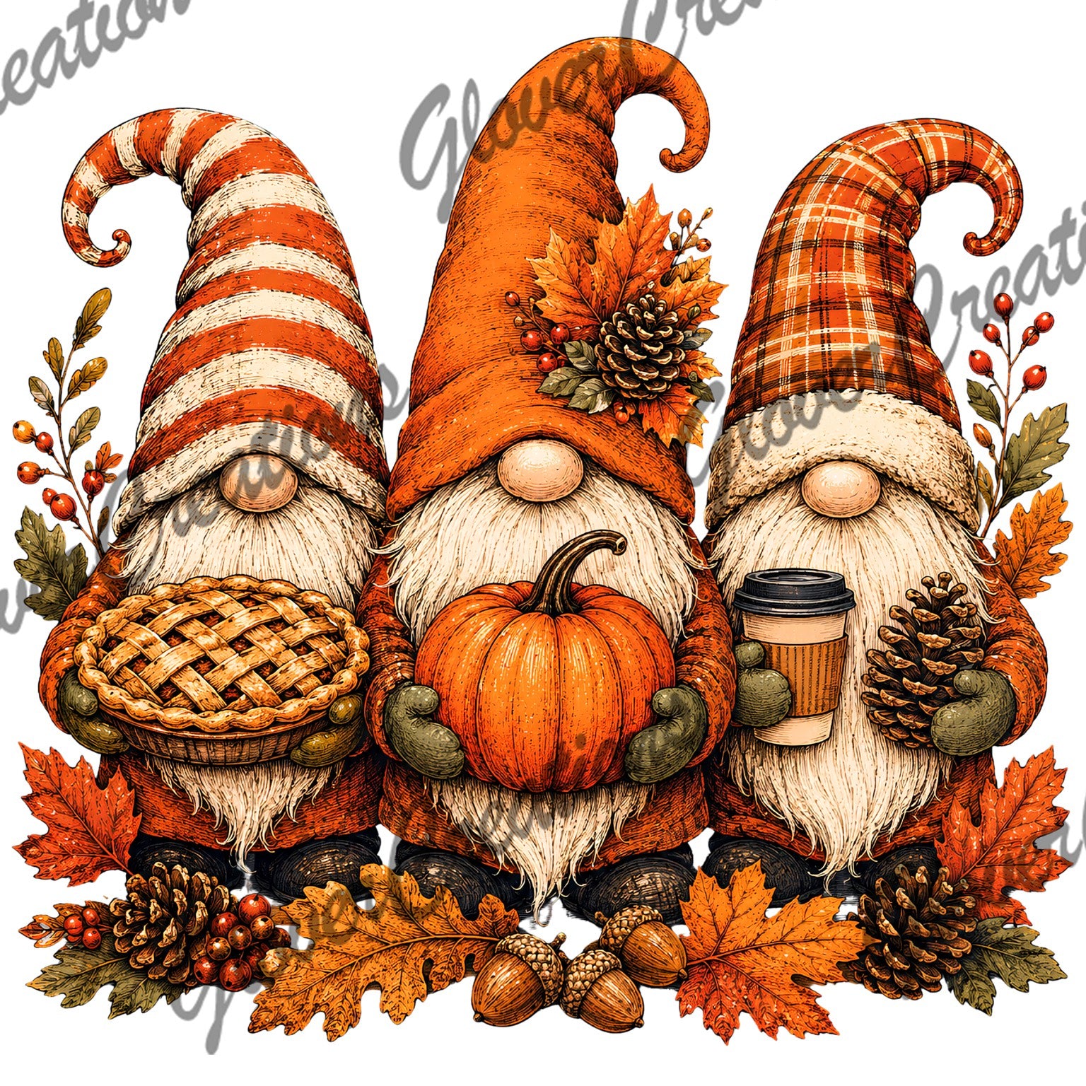 Autumn gnome trio pumpkin pie coffee heat transfer design