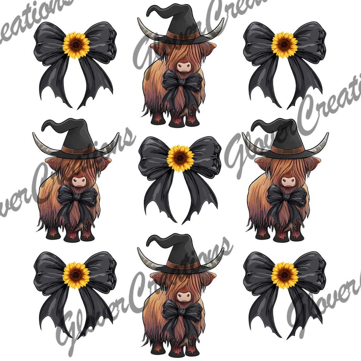 Halloween Witch Highland Cow & Sunflower Bows Direct to Film Ready to Press Heat Transfers