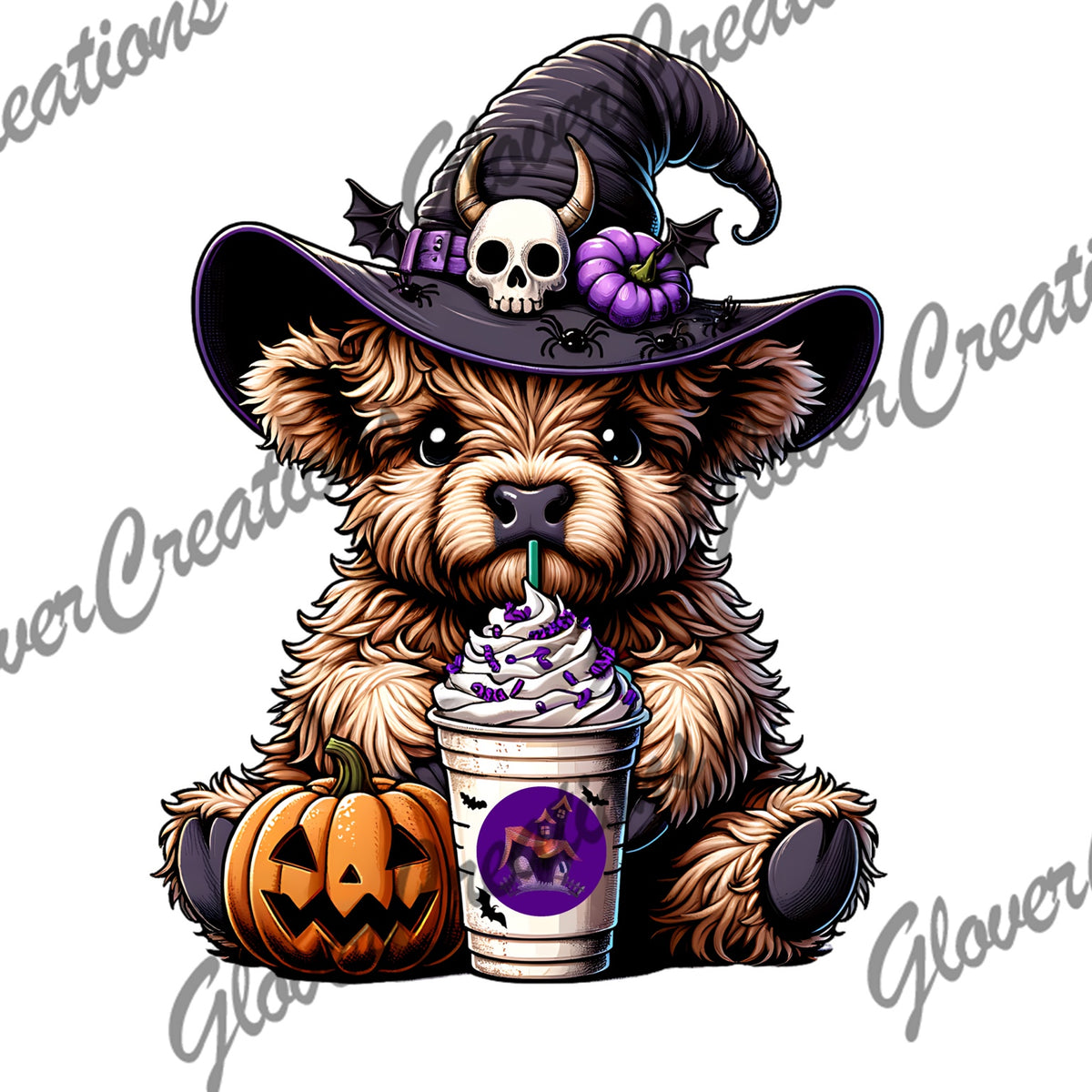 Cute Halloween Witch Highland Cow & Pumpkin Drink Direct to Film Ready to Press Heat Transfers