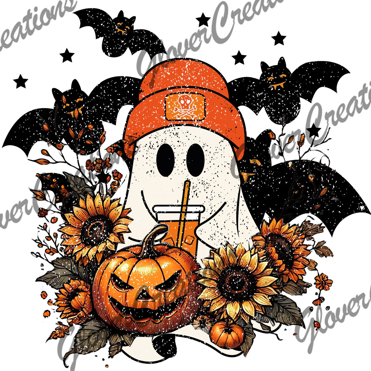 Spooky Ghost Pumpkin Sunflowers & Bats Direct to Film Ready to Press Heat Transfers