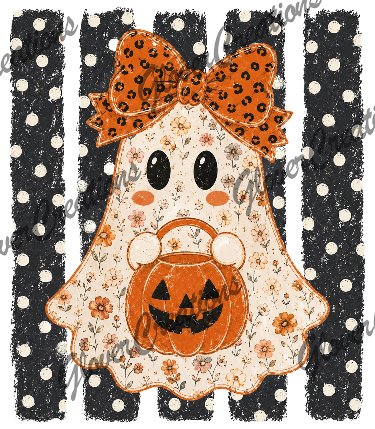 Floral Ghost Pumpkin Bucket & Leopard Bow Direct to Film Ready to Press Heat Transfers