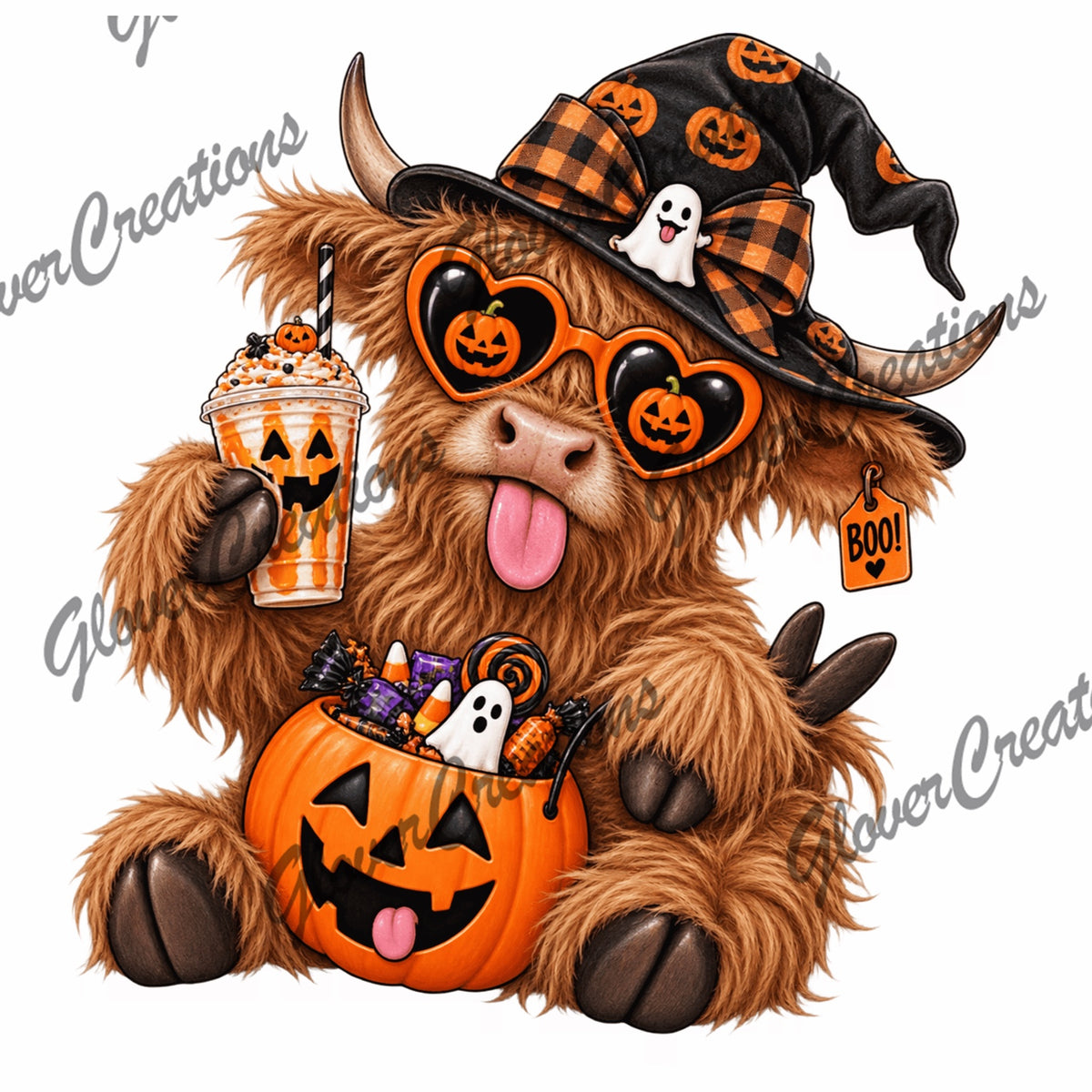 Funny Halloween Witch Highland Cow & Candy Pumpkin Direct to Film Ready to Press Heat Transfers