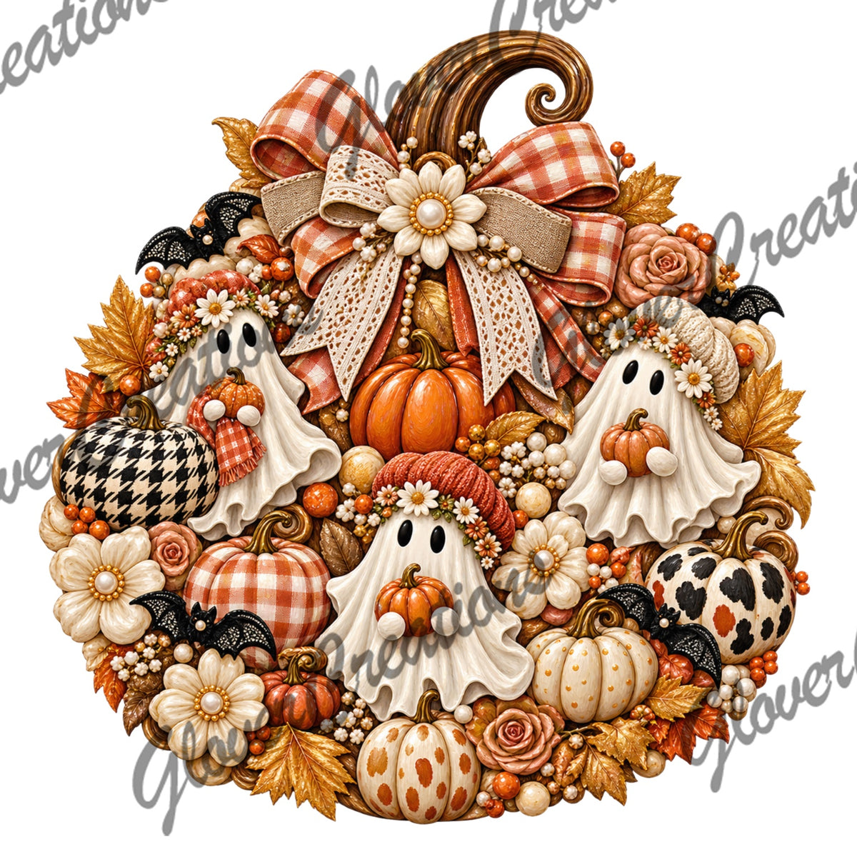 Cute Fall Ghosts Pumpkins & Plaid Bow Direct to Film Ready to Press Heat Transfers