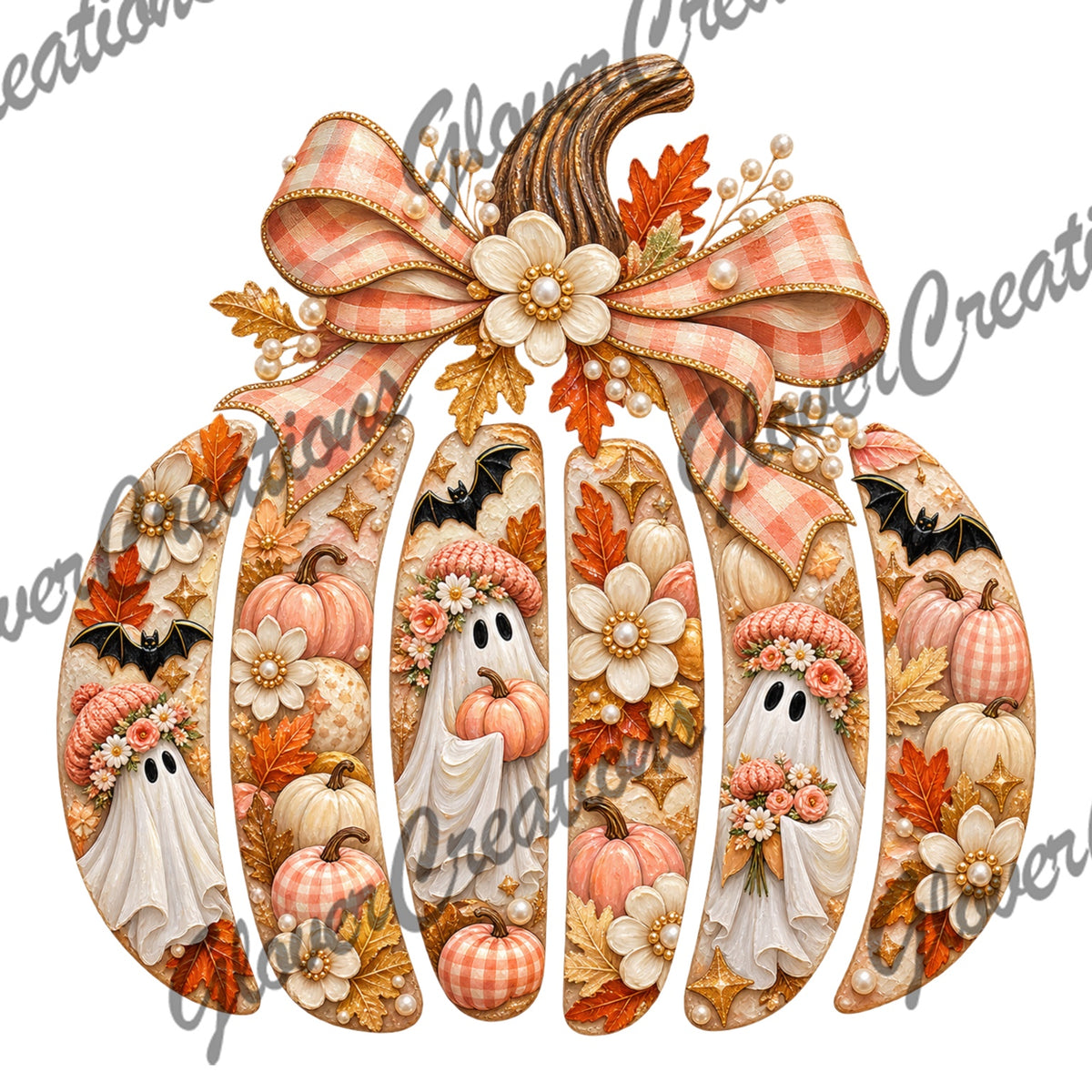 Floral Ghost Pumpkin Patchwork Fall Bow Direct to Film Ready to Press Heat Transfers