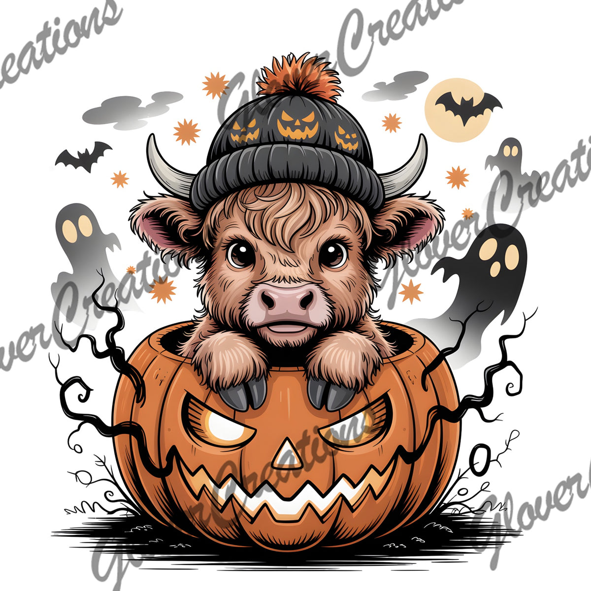 Spooky Highland Cow Pumpkin Direct to Film Ready to Press Heat Transfers