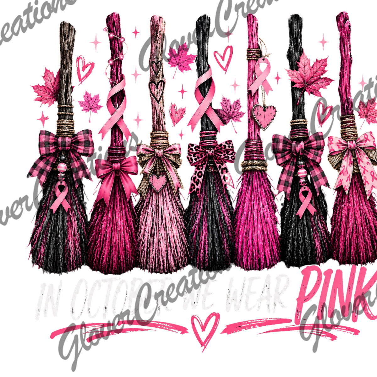 In October We Wear Pink Breast Cancer Awareness Brooms Direct to Film Ready to Press Heat Transfers