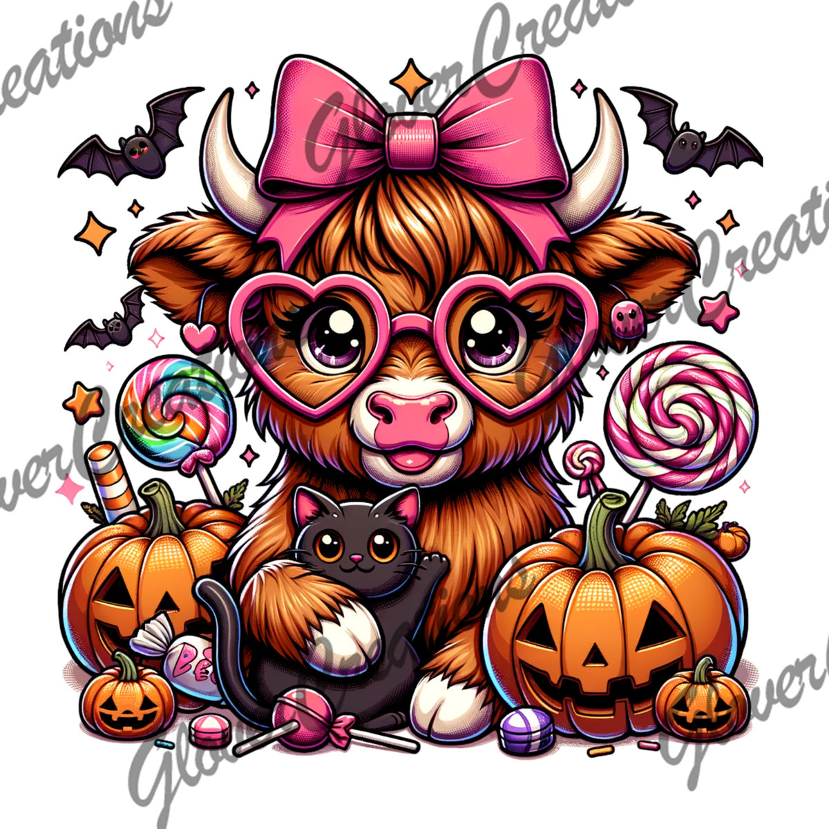 Pink Halloween Highland Cow & Black Cat Direct to Film Ready to Press Heat Transfers