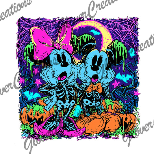 Neon Spooky Mouse Couple Halloween Direct to Film Ready to Press Heat Transfers