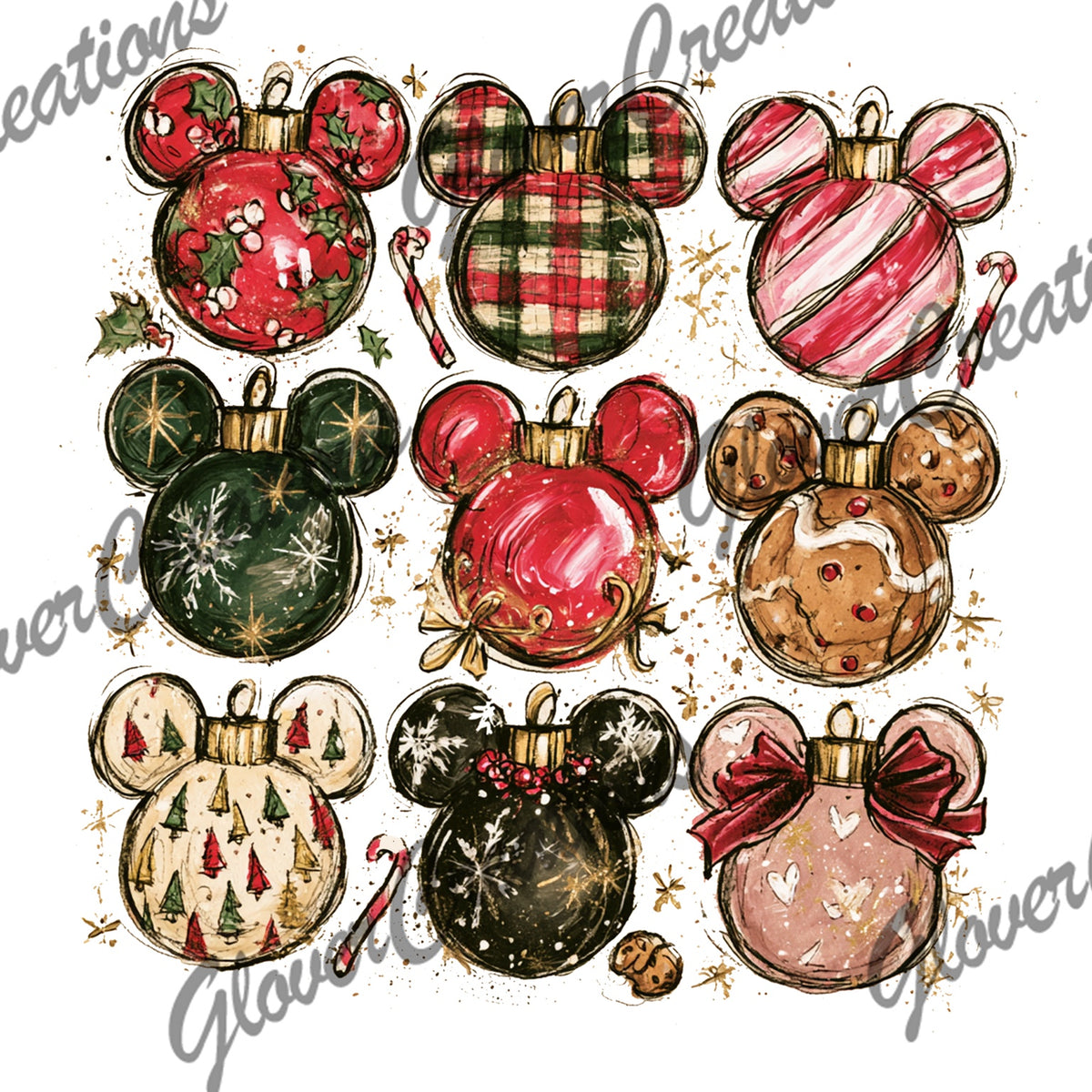 Christmas Mouse Ornament Collection Direct to Film Ready to Press Heat Transfers