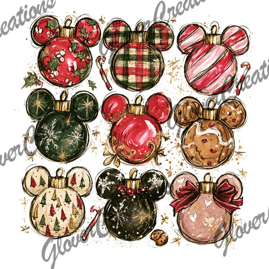 Christmas Mouse Ornament Collection Direct to Film Ready to Press Heat Transfers