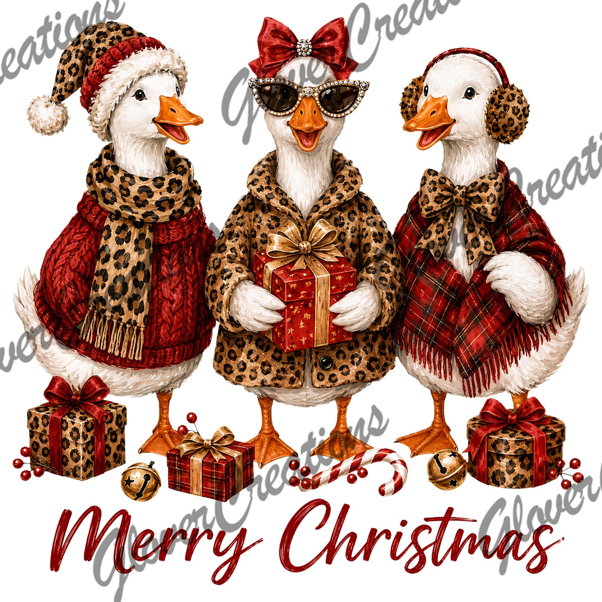 Merry Christmas Leopard Ducks Direct to Film Ready to Press Heat Transfers