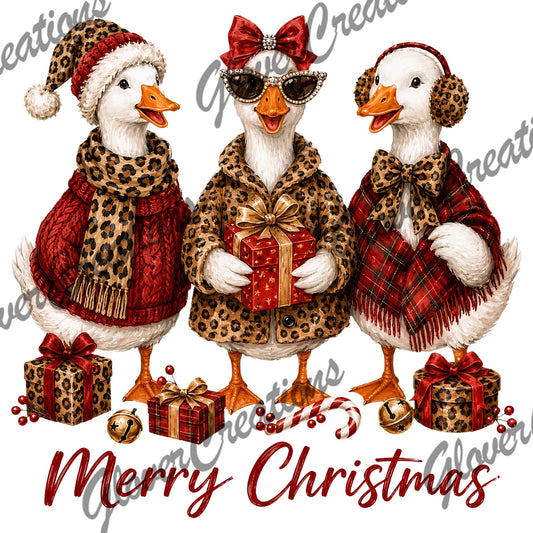 Merry Christmas Leopard Ducks Direct to Film Ready to Press Heat Transfers