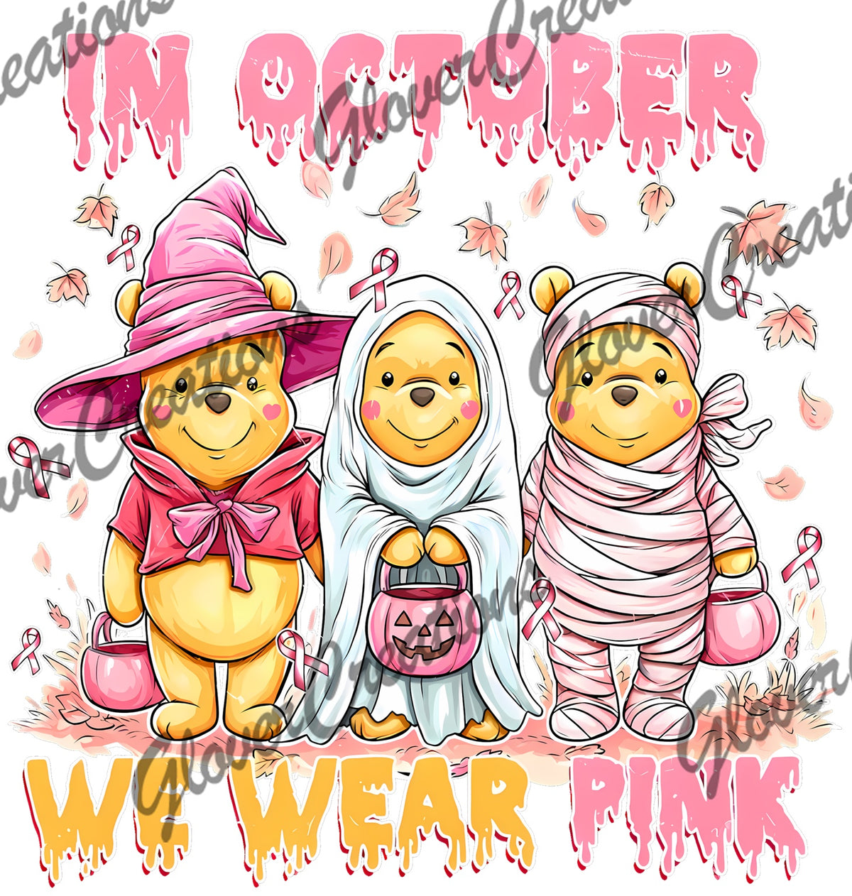 In October We Wear Pink Halloween Bears Direct to Film Ready to Press Heat Transfers