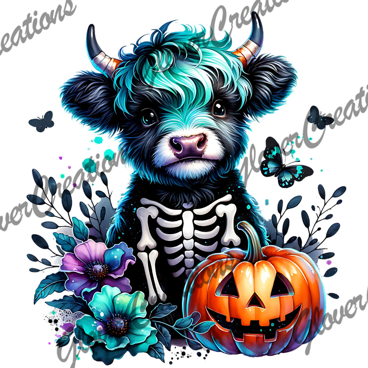 Halloween Skeleton Highland Cow & Jack-O'-Lantern Direct to Film Ready to Press Heat Transfers