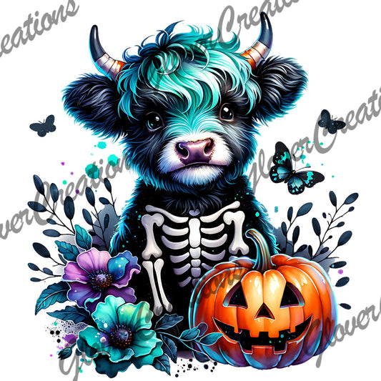 Halloween Skeleton Highland Cow & Jack-O'-Lantern Direct to Film Ready to Press Heat Transfers