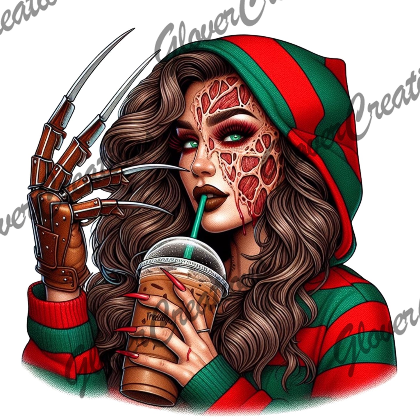 Bladed nightmare woman striped sweater iced coffee Halloween design
