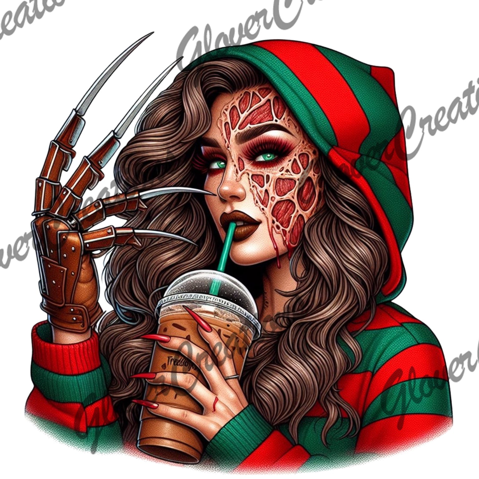 Bladed nightmare woman striped sweater iced coffee Halloween design