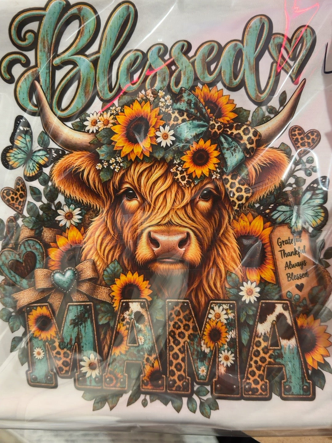Blessed Mama Highland Cow shirt design close-up