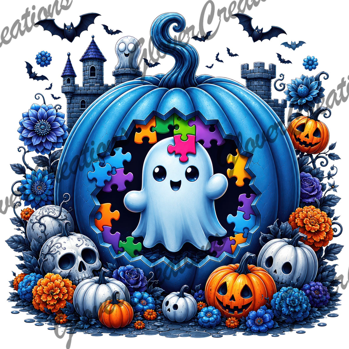 Blue Pumpkin Puzzle Ghost Halloween Direct to Film Ready to Press Heat Transfers