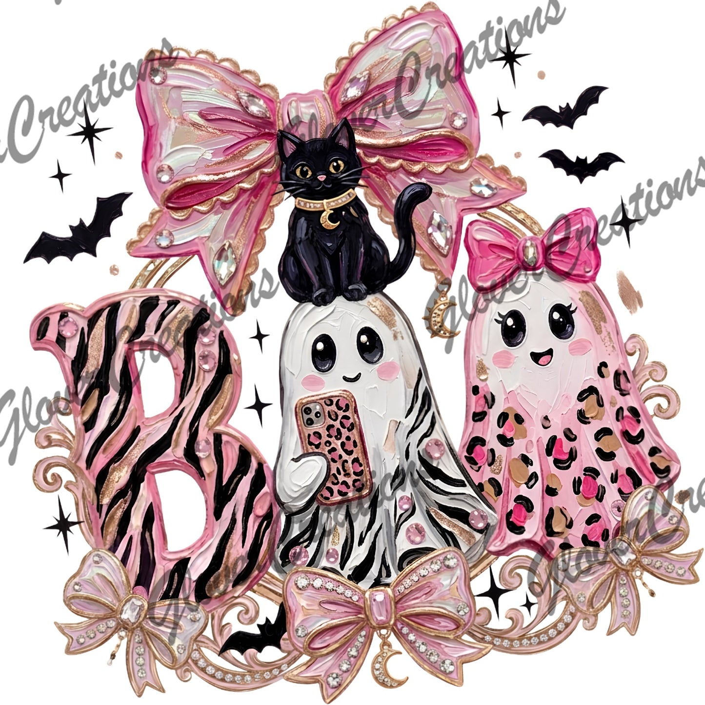 Boo pink zebra leopard ghosts black cat bows Halloween design