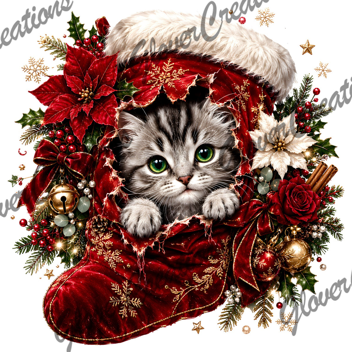 Christmas Kitten Stocking Direct to Film Ready to Press Heat Transfers