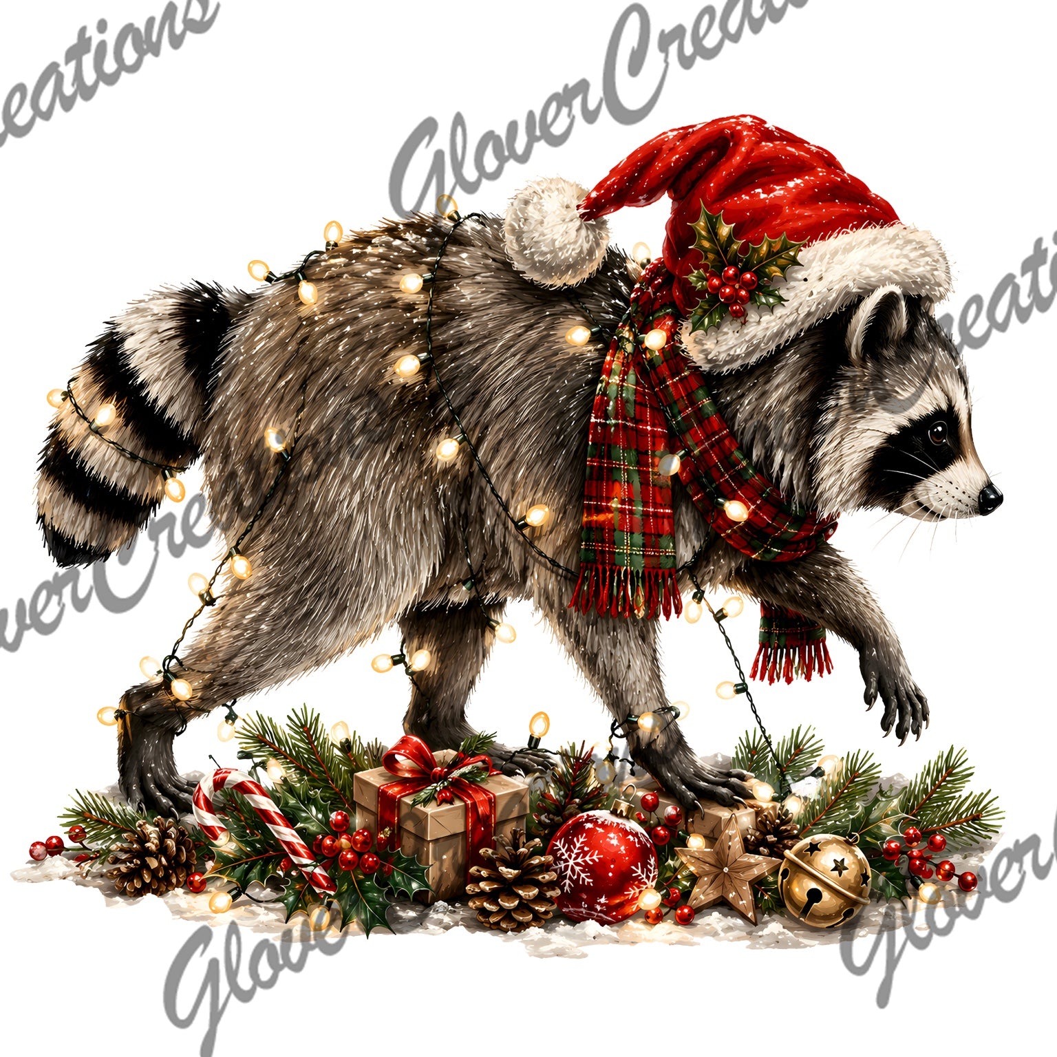 Christmas raccoon lights Santa hat holiday design