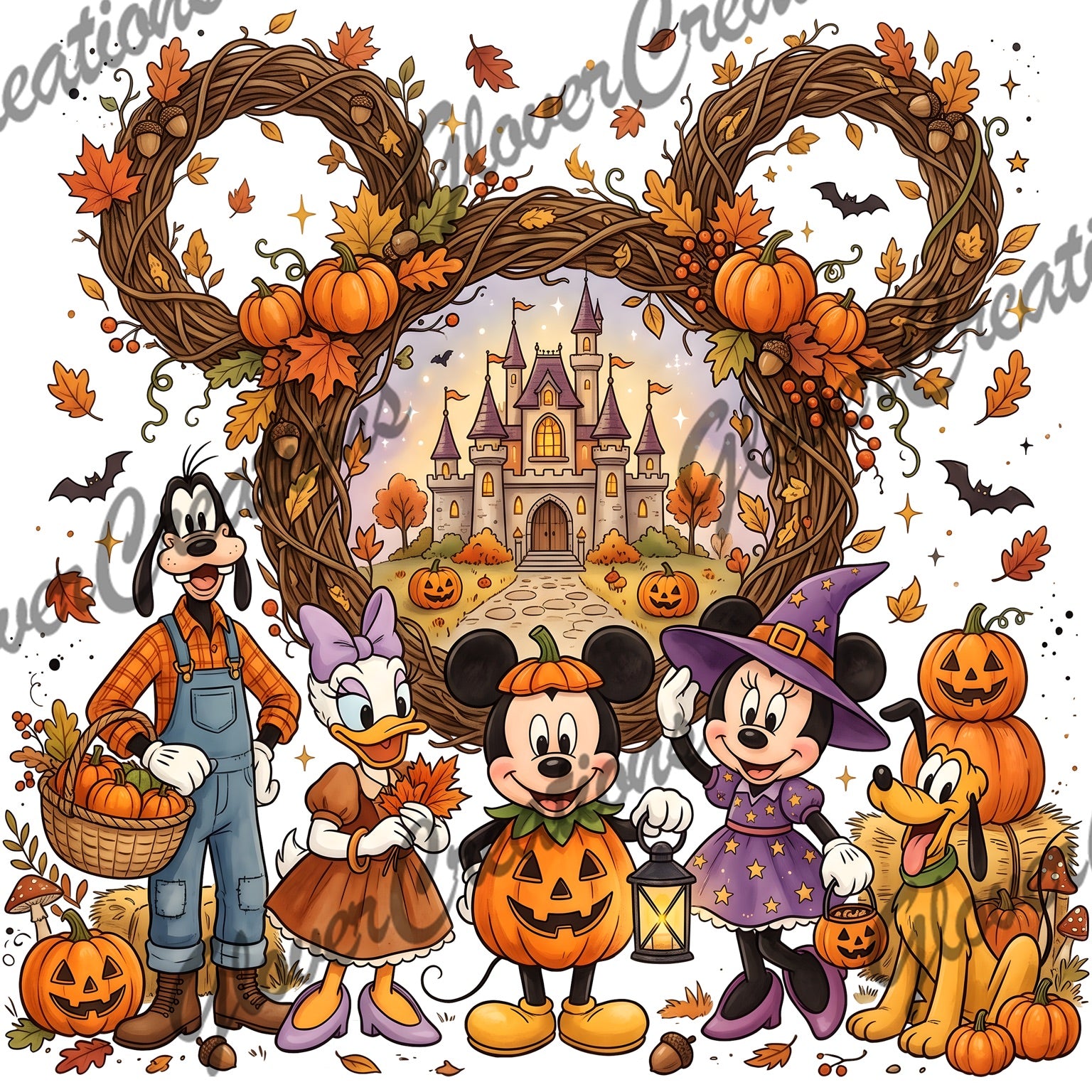 Classic cartoon friends autumn pumpkin castle heat transfer design