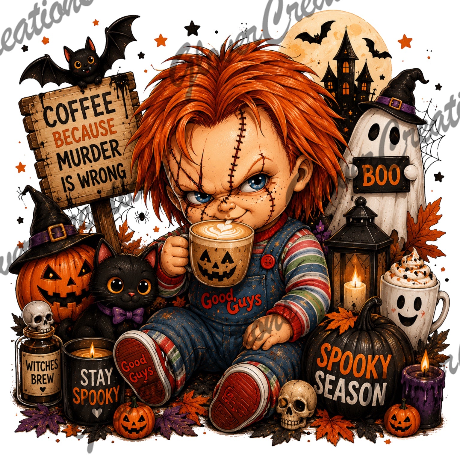 Coffee because murder is wrong spooky doll Halloween design