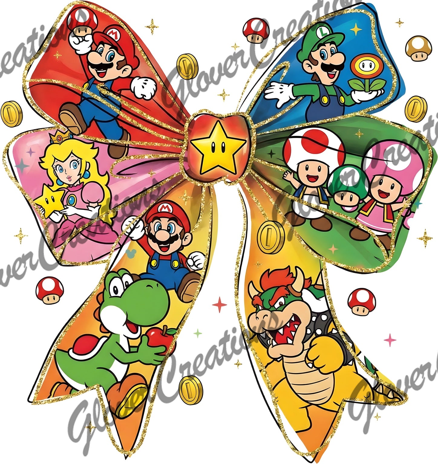 Colorful retro video game character bow heat transfer design