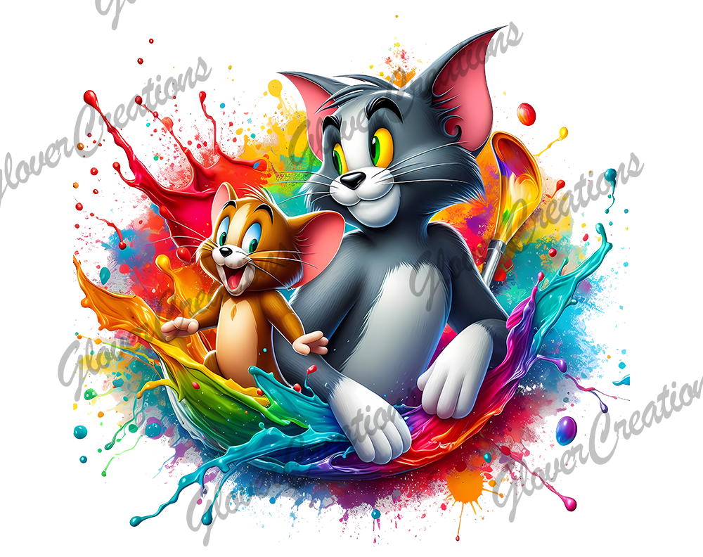 Colorful Cat and Mouse Direct to Film Ready to Press Heat Transfer