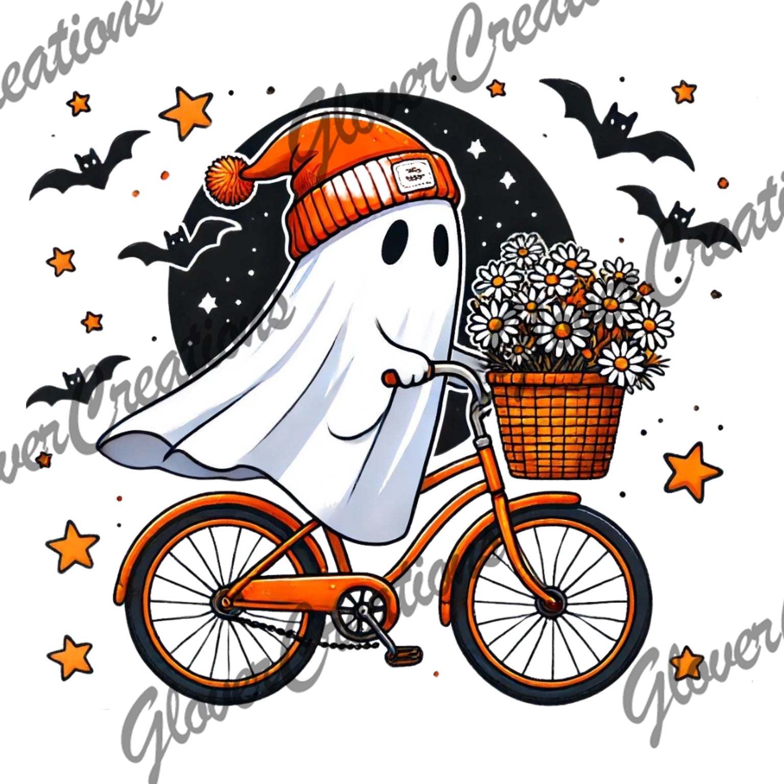Cozy ghost bicycle flowers Halloween heat transfer design
