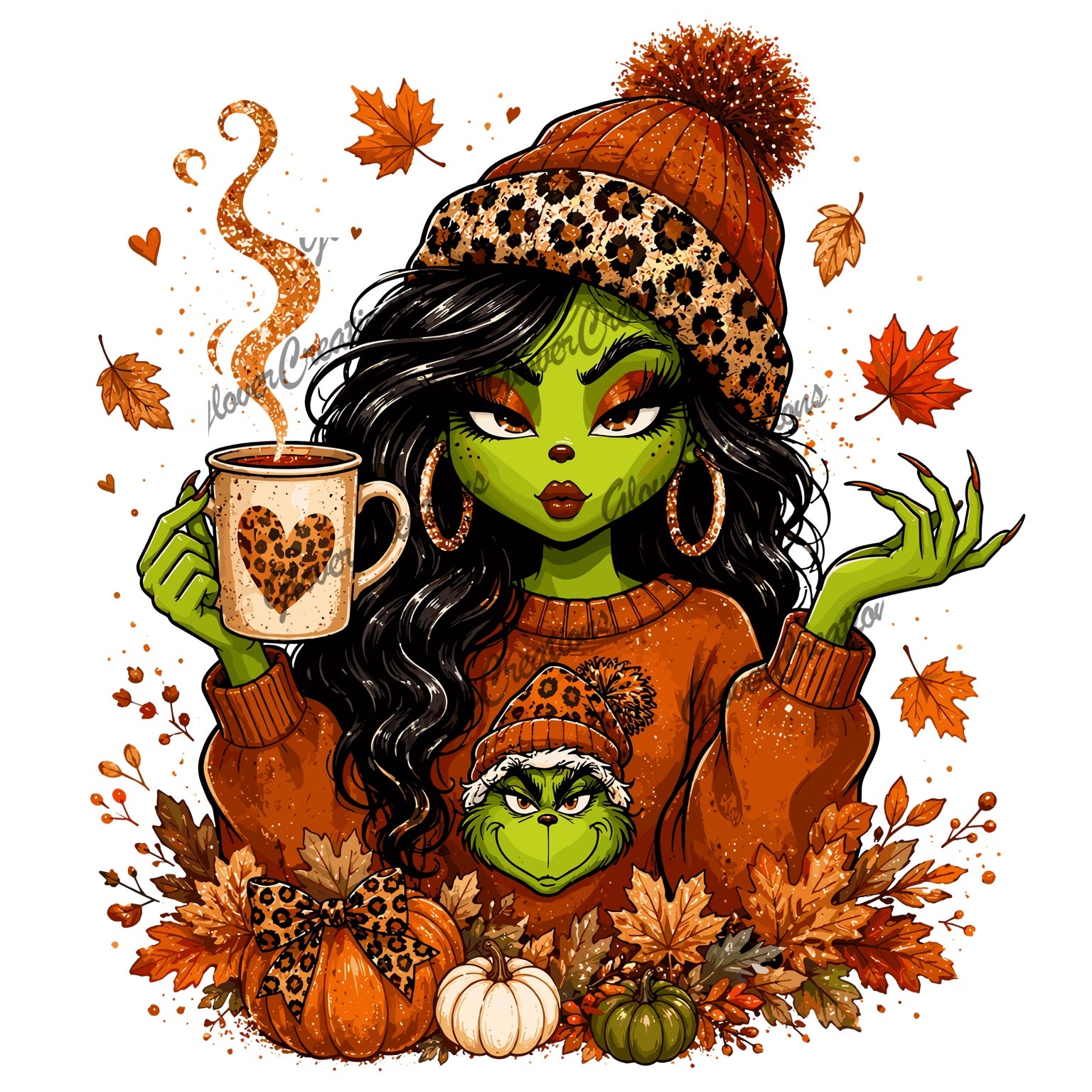 Cozy green grouch fall coffee leopard beanie design