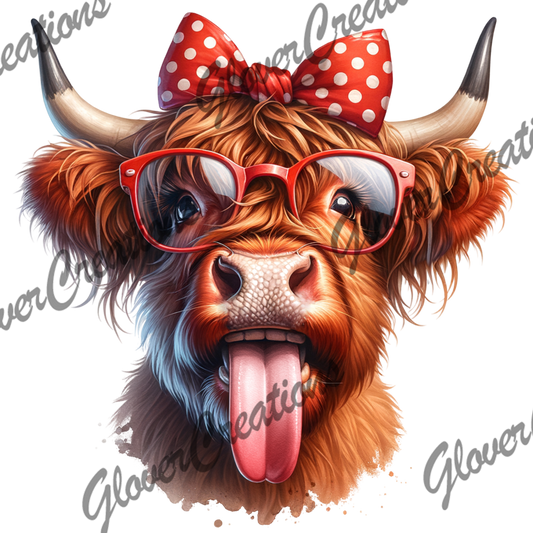 Tongue Out Highland Cow Direct to Film Ready to Press Heat Transfers