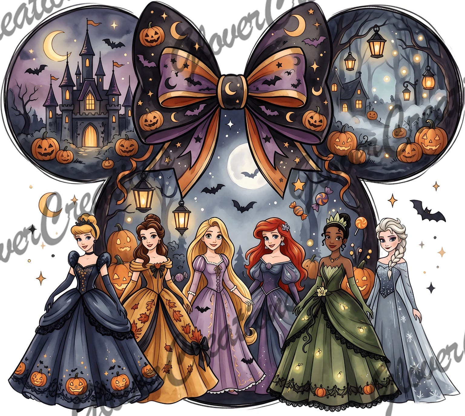 Enchanted princess Halloween bow and castle heat transfer design