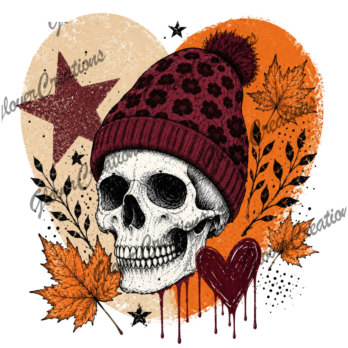 Fall Skeleton Beanie & Leaves Direct to Film Ready to Press Heat Transfers