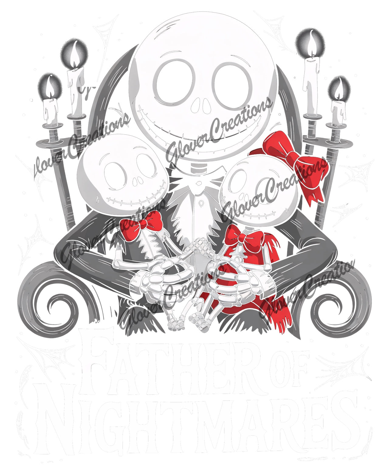 Father of nightmares skeleton family red bows heat transfer design