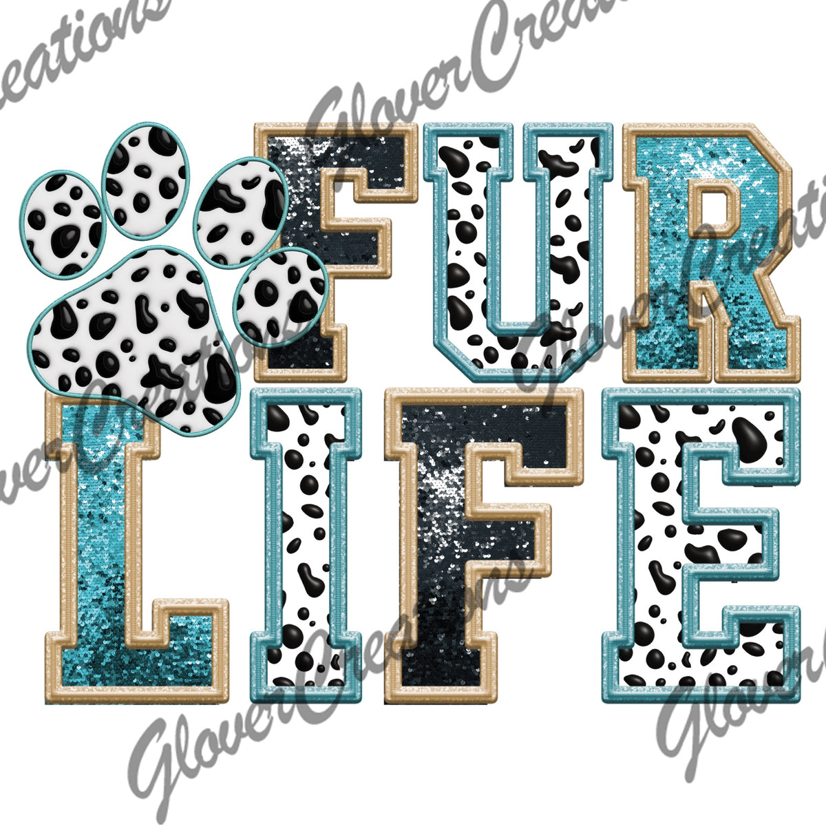 Fur Life Teal & Black Faux Sequin Paw Print Direct to Film Ready to Press Heat Transfers